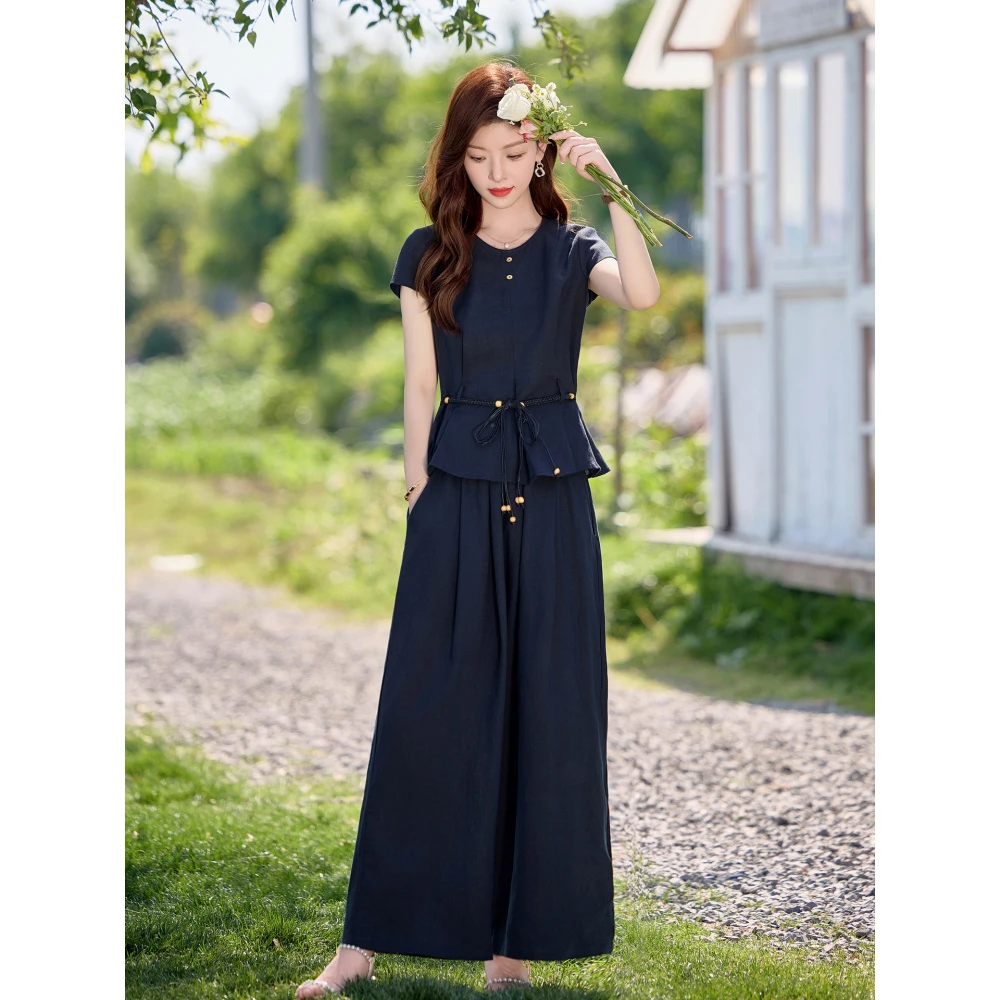 莱赛尔亚麻休闲套装女2025夏季高级感收腰显瘦短袖阔腿裤两件套