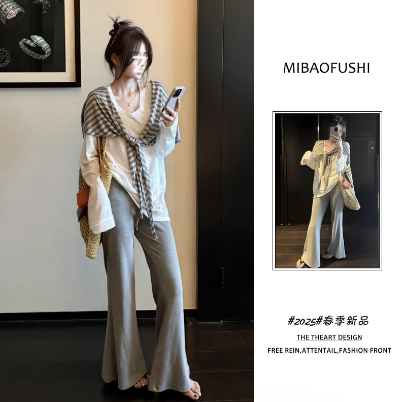 慵懒风休闲裤女夏季2025年新款薄款灰色气质显瘦高腰垂感微喇裤潮