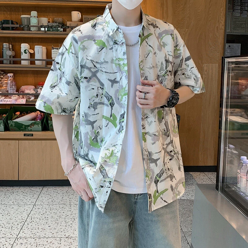 夏威夷风碎花衬衫男短袖海边沙滩度假男装冰丝寸衫宽松大码上衣服