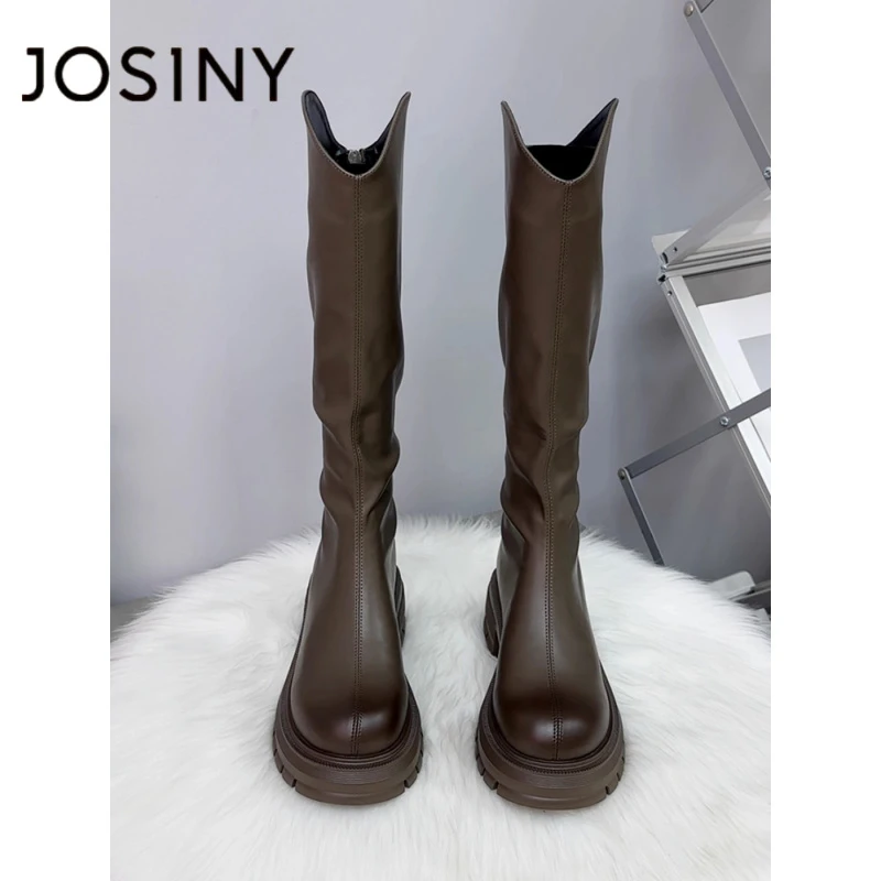 卓诗尼长靴女2025秋冬季加绒高筒瘦瘦靴骑士靴厚底显瘦英伦风皮靴