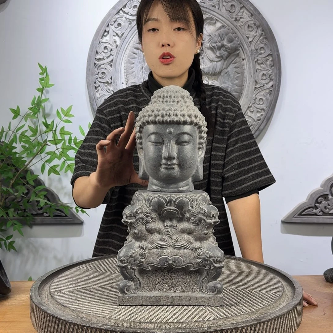 石材青石雕刻20厘米高佛头加底座一套总高40厘米