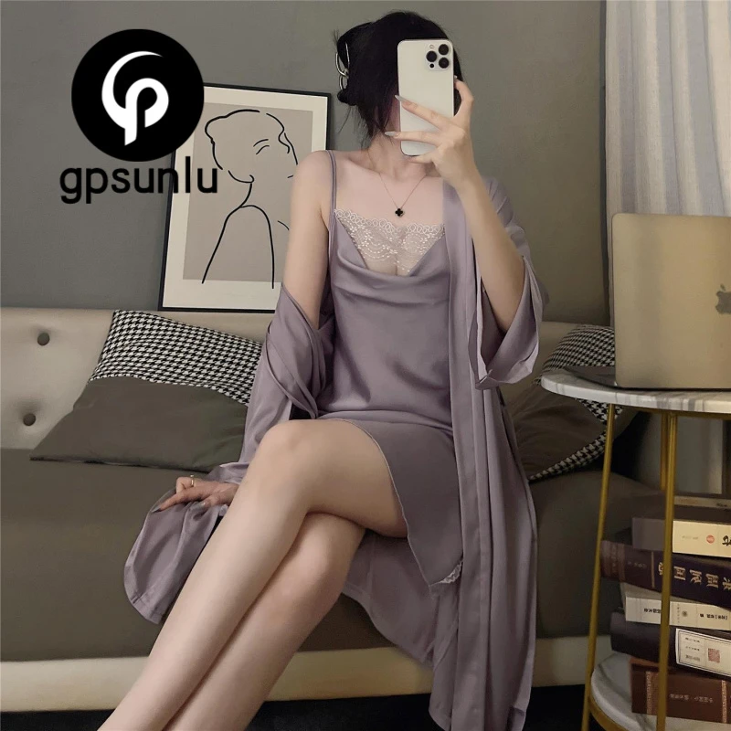 GPSUNLU冰丝睡衣女性感吊带睡裙夏薄款蕾丝开衩法式睡袍家居服
