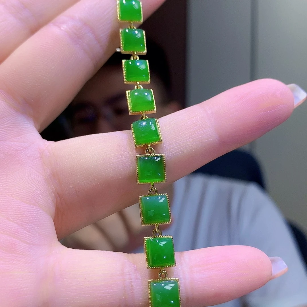 手链银S925镀金镶嵌和田玉（碧玉）