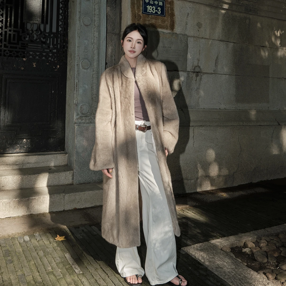 简约1米1长立领新款进口水貂毛新款水貂毛外套大衣睡袍时尚长款
