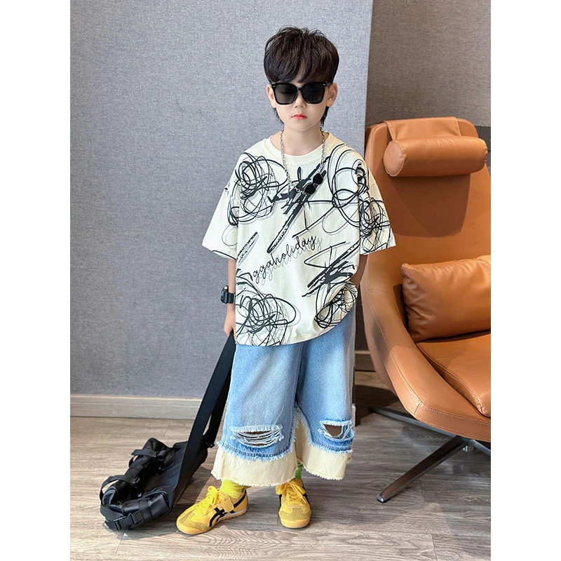 男童夏季时尚百搭休闲破洞撞色牛仔中裤中大童个性毛边九分裤套装