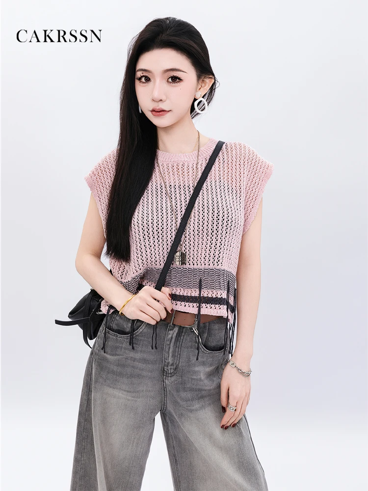 CAKRSSN卡尚2025款坎肩圆领镂空系带纯欲风粉色针织女223C527707