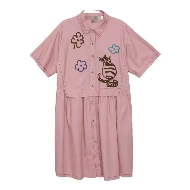 【樱花猫】夏季新款印花气质宽松显瘦休闲设计师女粉色连衣裙