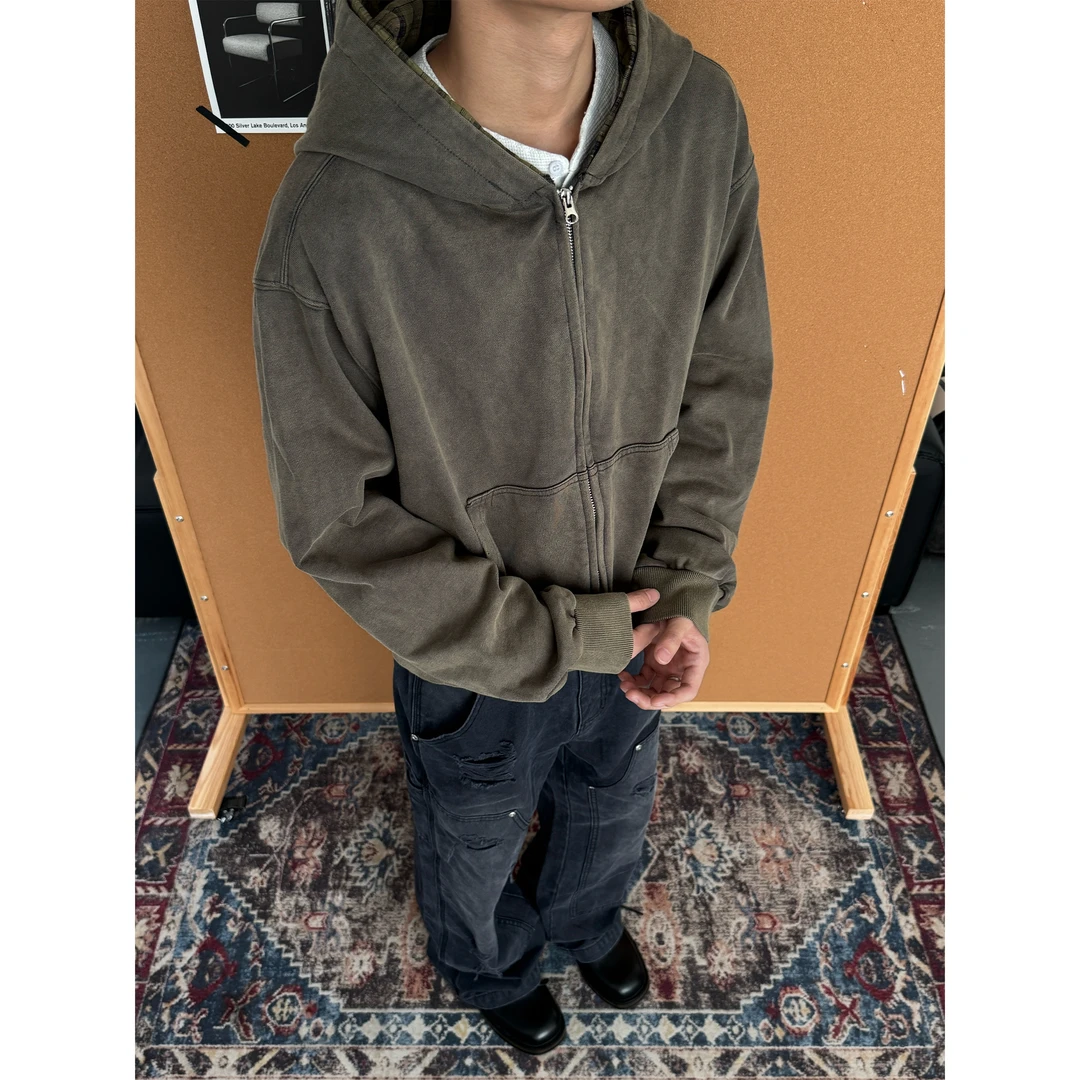 CZ2美式复古拉链卫衣男女假两件连帽潮开衫廓形重磅外套上衣