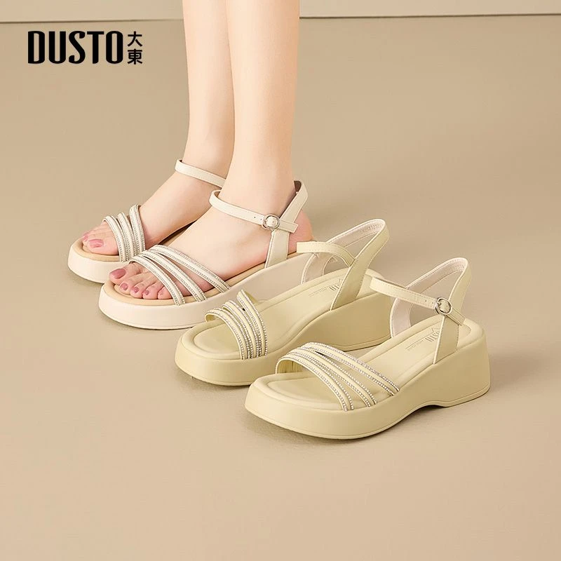 大东女鞋2025夏季爆款外穿优雅简约一字带凉鞋百搭时尚增高鞋1253