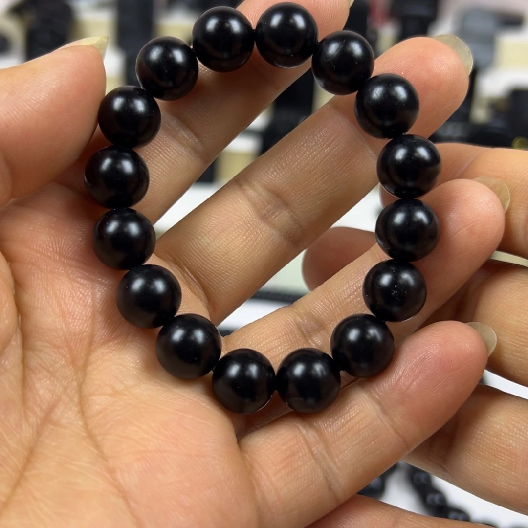 和田玉（墨玉）未镶嵌颈饰卡12圆珠手串珠宝
