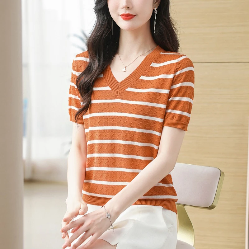2025天丝冰凉短袖女新款上衣V领T桖宽松提花条纹薄款套头小衫上衣