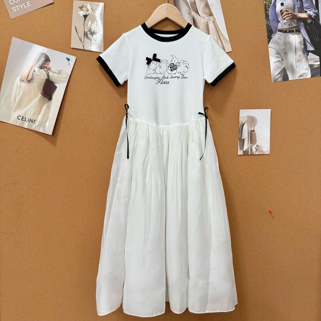 肉肉家-【美式公主裙】女童夏季洋气短袖中长款蝴蝶结连衣裙