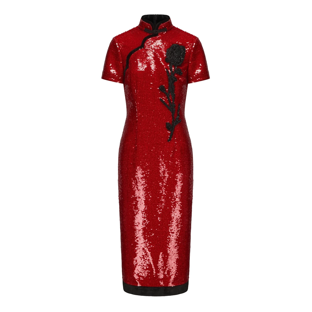 JUNYANG杨君 赤色流光中式闪片丝绒连衣裙