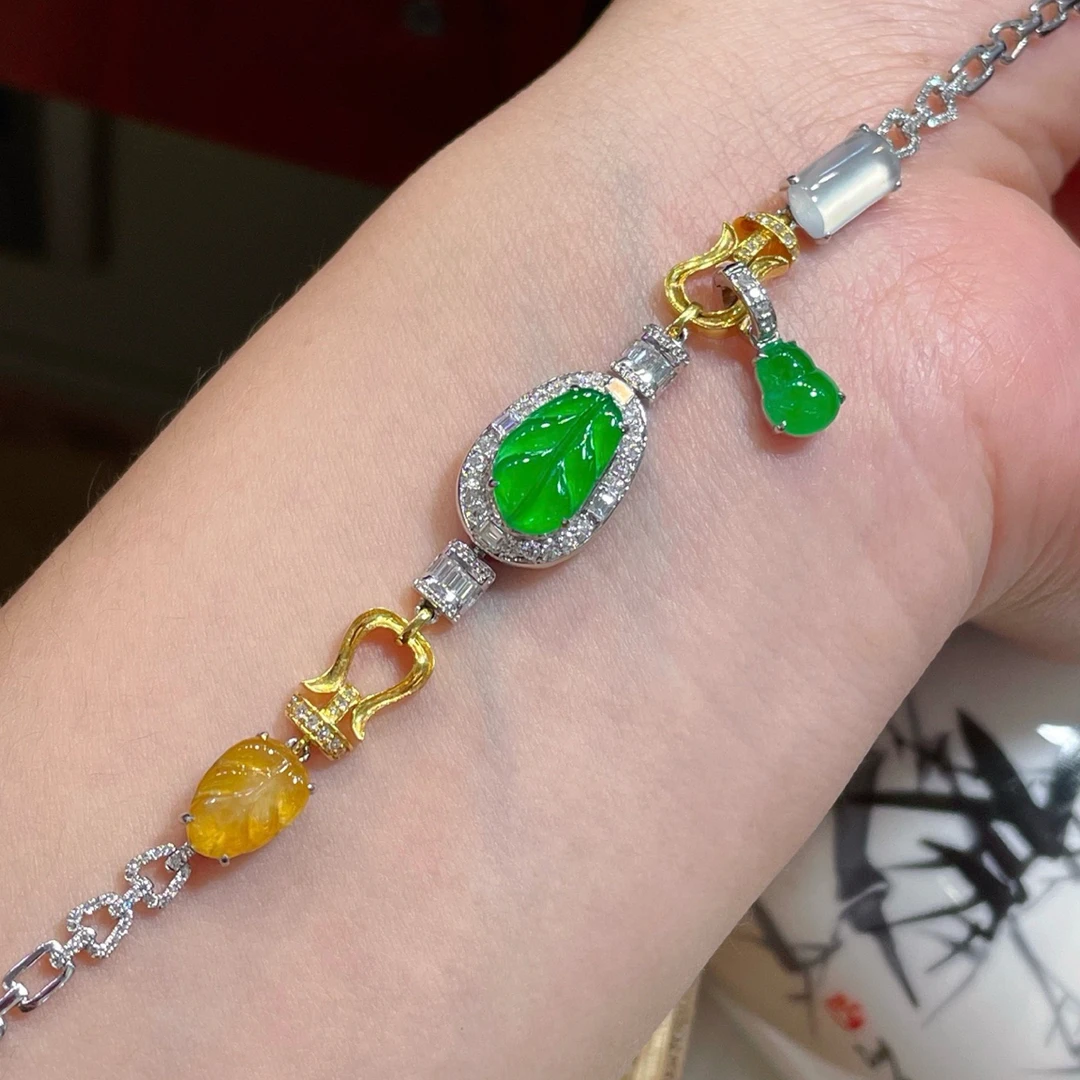 天然翡翠缅A冰种满绿树叶设计款手链18K金.下单咨询货品在否