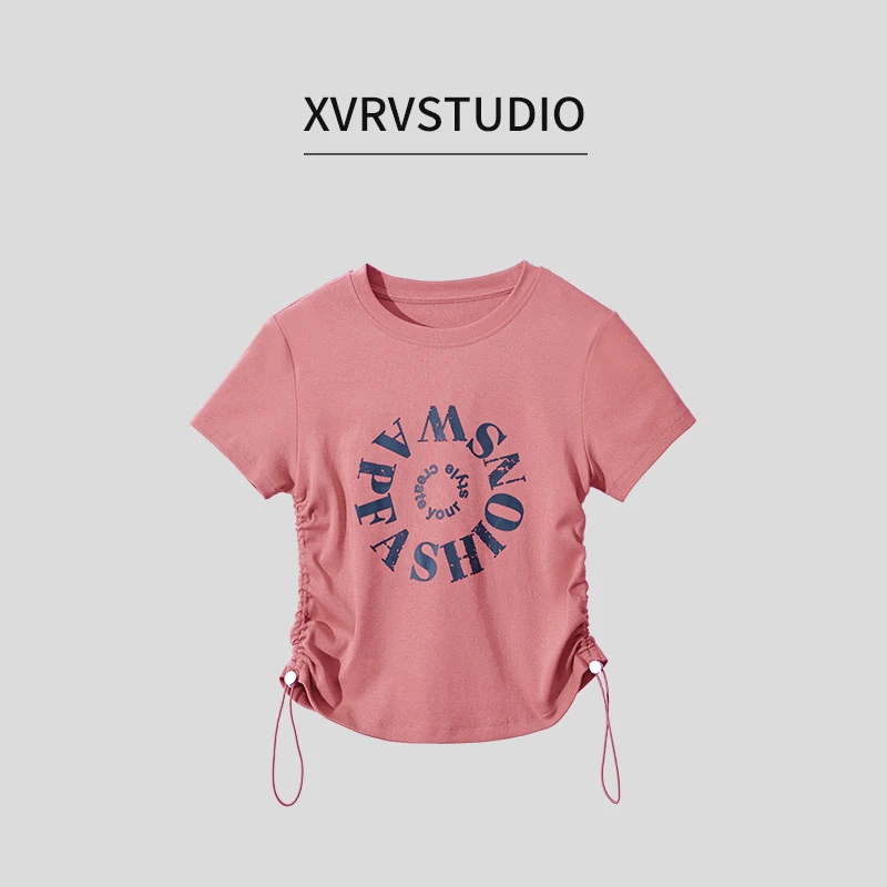 XVRV【夏季新品】2025新款运动抽绳T恤洋气百搭健身显瘦正肩女上衣