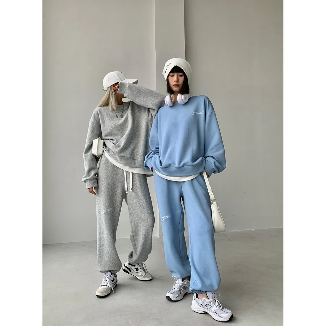 【清】P1124K2423 高腰加绒运动裤女宽松显瘦束脚秋冬厚卫裤