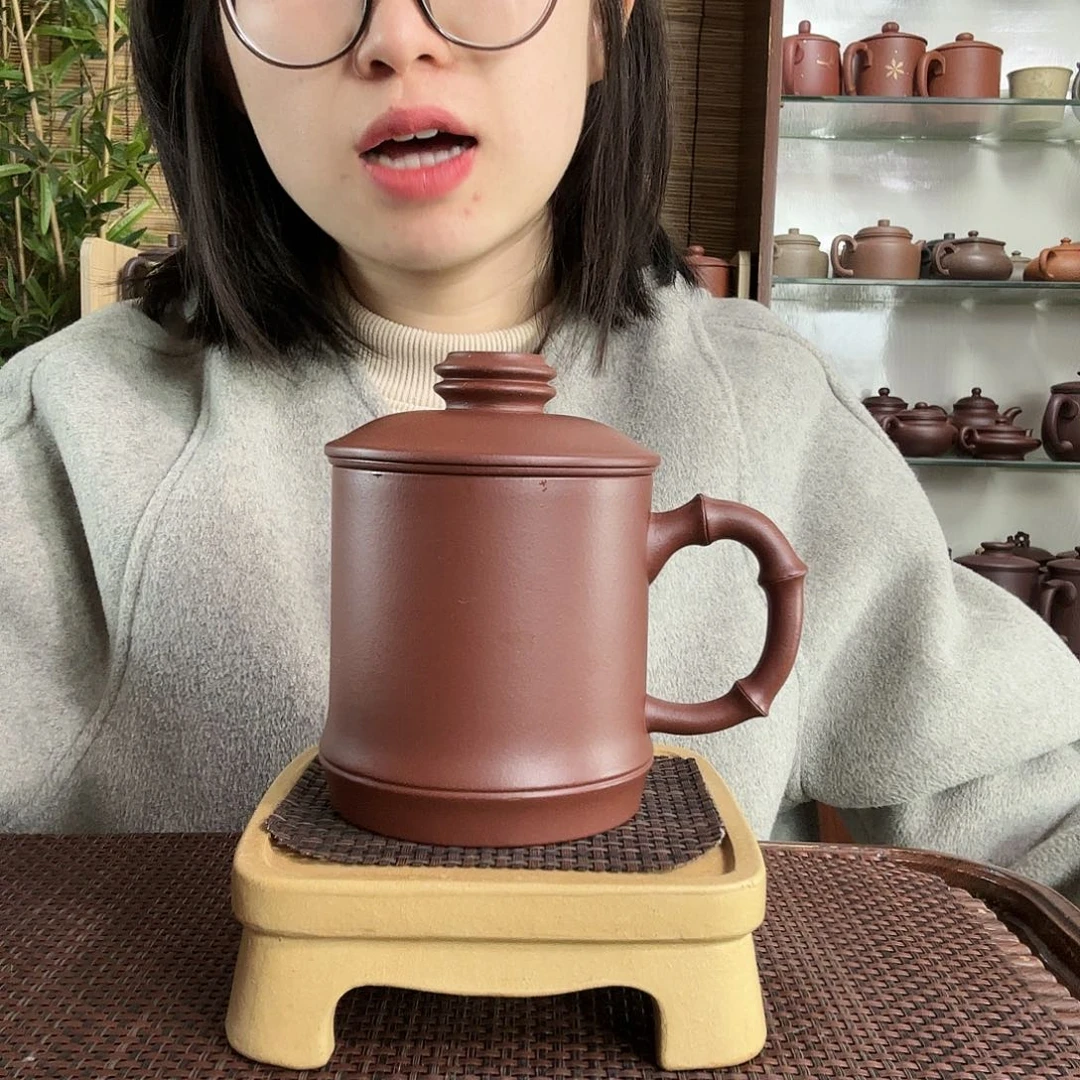 紫砂茶杯原矿共生矿紫泥竹节三件套没礼盒400CC