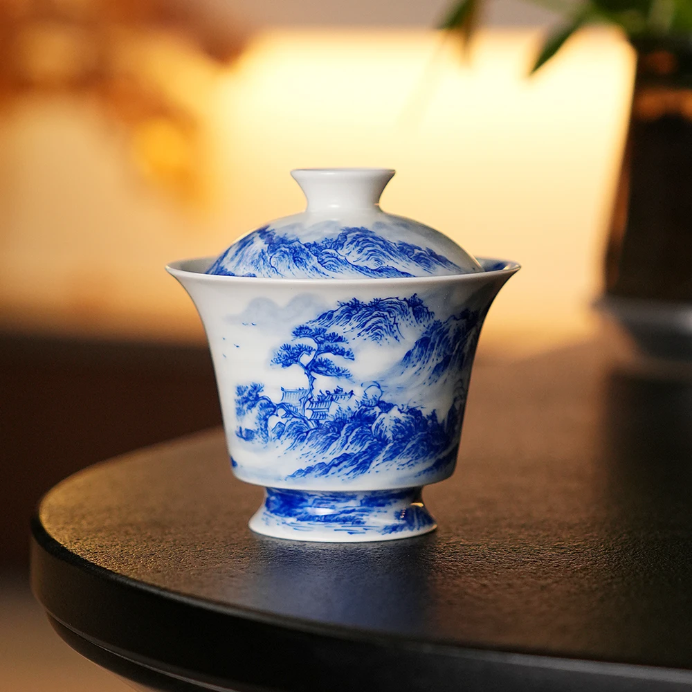 邑川窑手工手绘青花瓷山水马蹄盖碗薄胎景德镇陶瓷茶器具110ml
