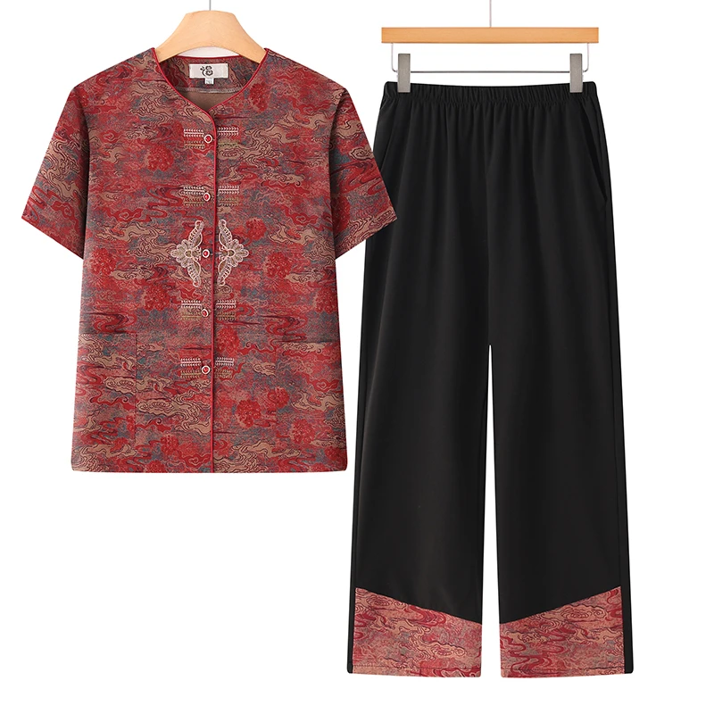 中老年女装妈妈装短袖套装老年人短袖衬衫两件套唐装衣服中国风