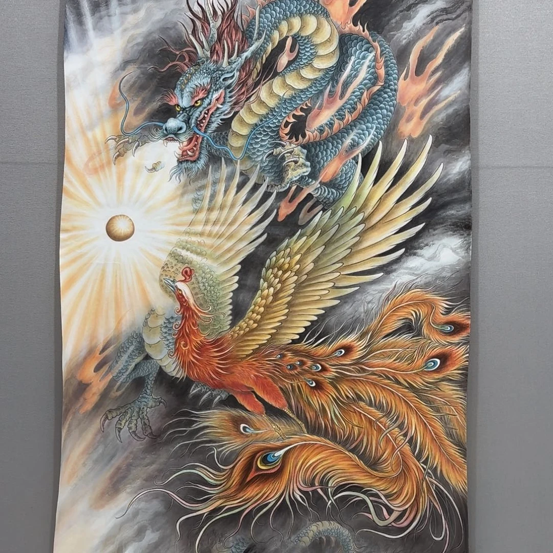 国画竖幅六尺工笔龙凤贾敏