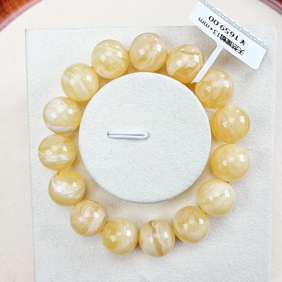（福利13+mm妖花）天然蜜蜡13+mm妖花俄料黄白花蜡手串单圈素圈