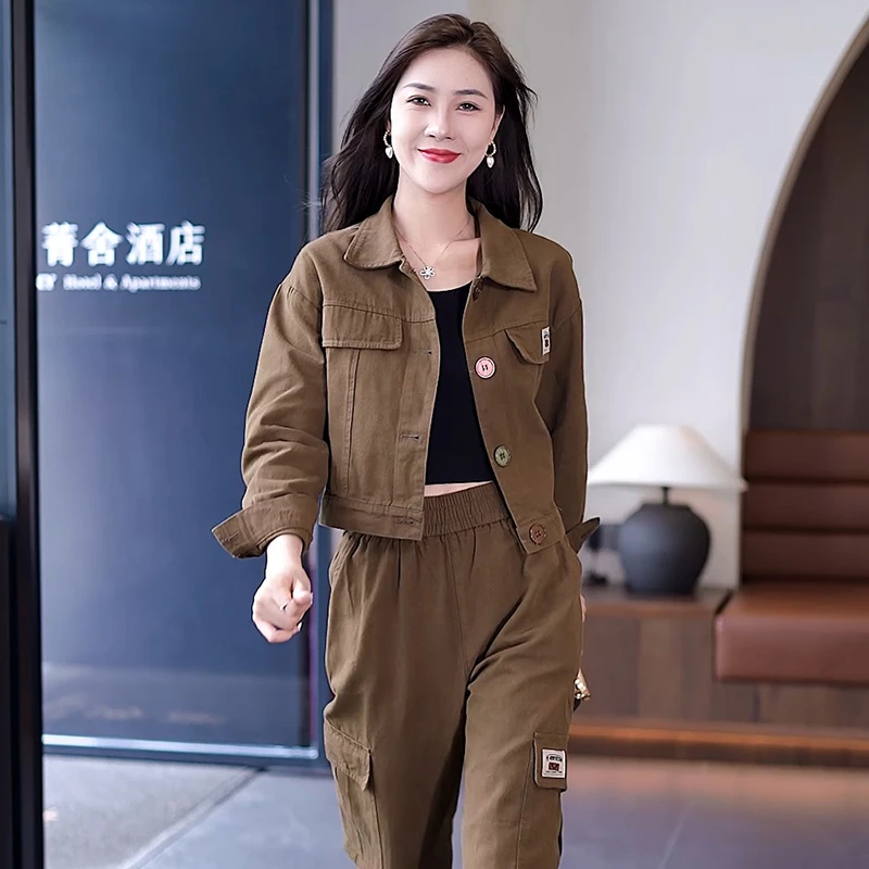 拉夏贝尔时尚工装裤套装女2025秋装新款洋气显瘦休闲束脚裤两件套