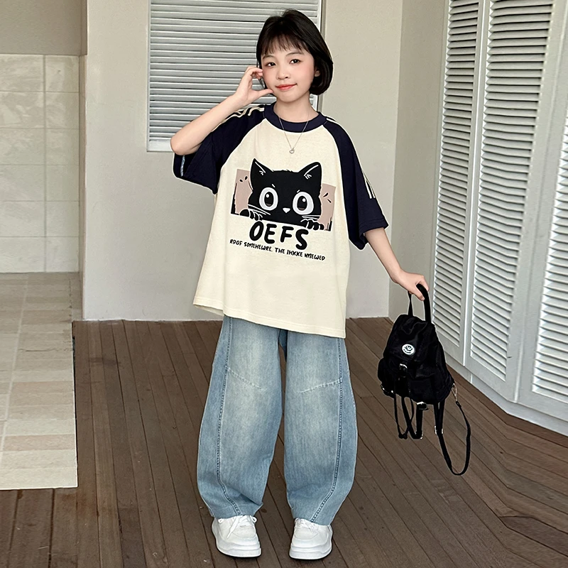 女童夏季套装2025新款大童宽松夏装儿童印花T恤牛仔裤休闲两件套
