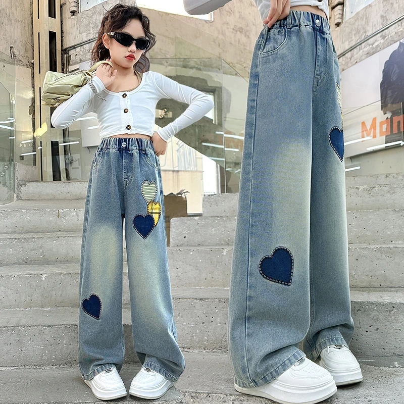 女童阔腿牛仔裤2025春季新款中大童韩版洋气高腰直筒宽松春秋长裤