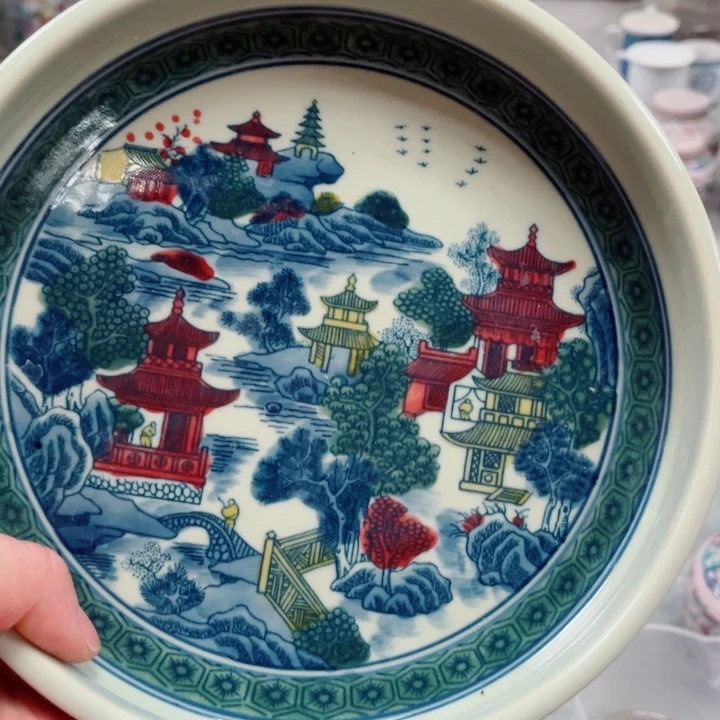 青花玲珑山水壶承