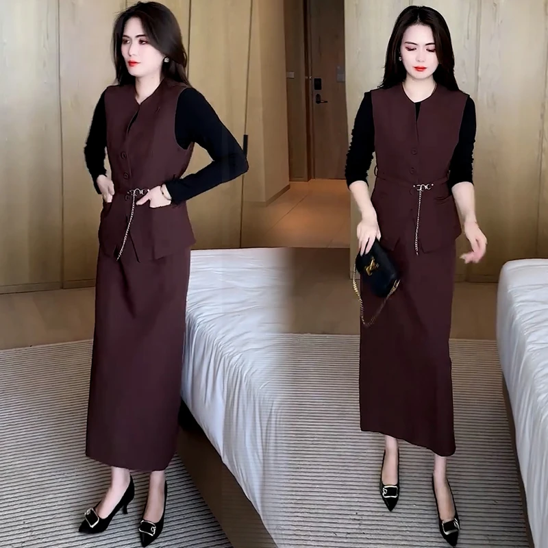【有间】连衣裙套装女秋季时尚收腰显瘦系带马甲打底衫半身裙三件套