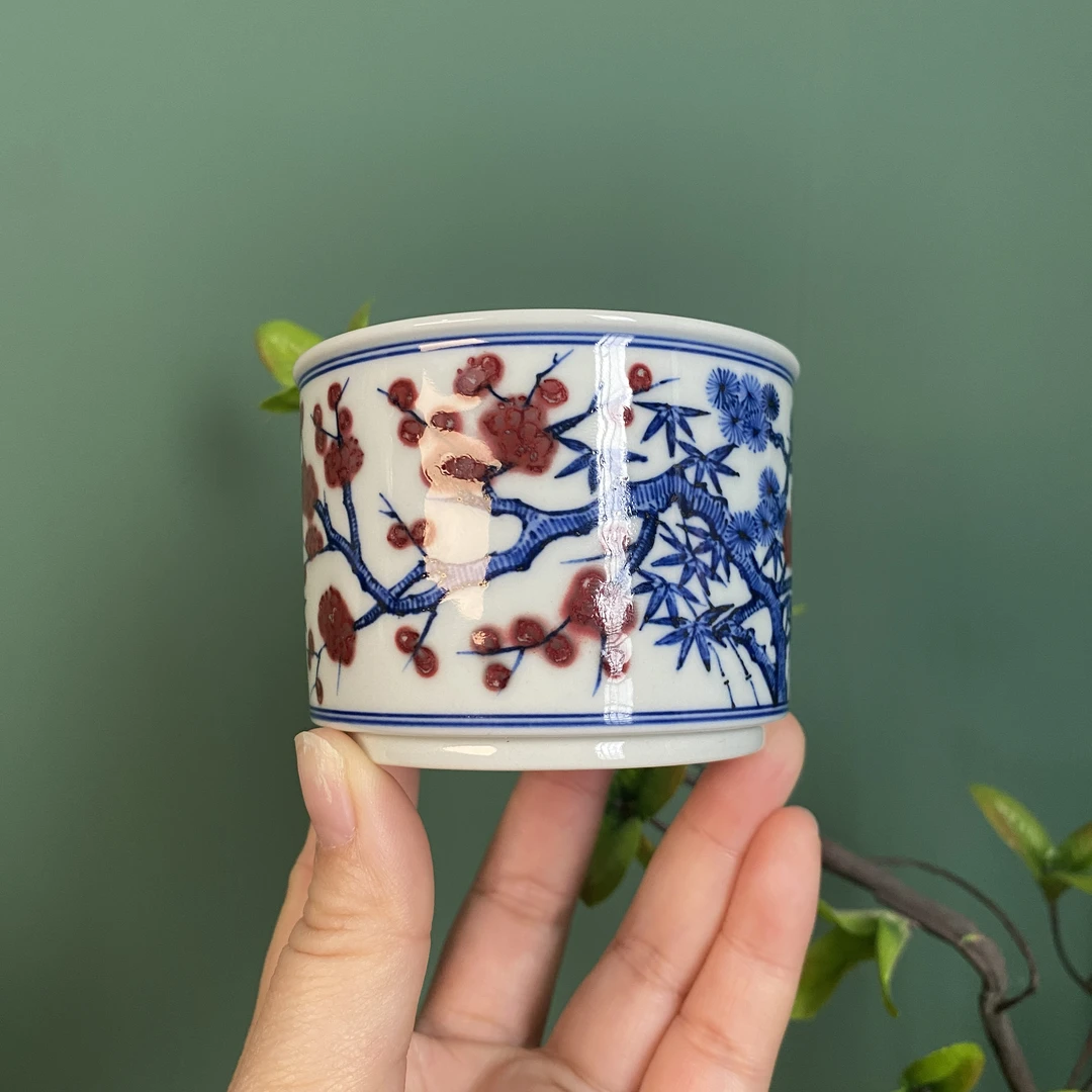 【望月御品】青花釉里红松竹梅直口杯  手工手绘  景德镇茶具