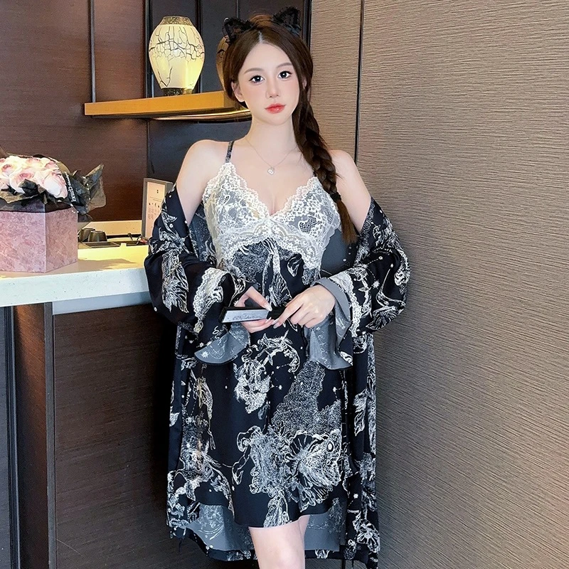 水墨画夏季冰雪丝舒适柔软睡衣女两件套睡袍吊带睡裙带胸垫秋款长