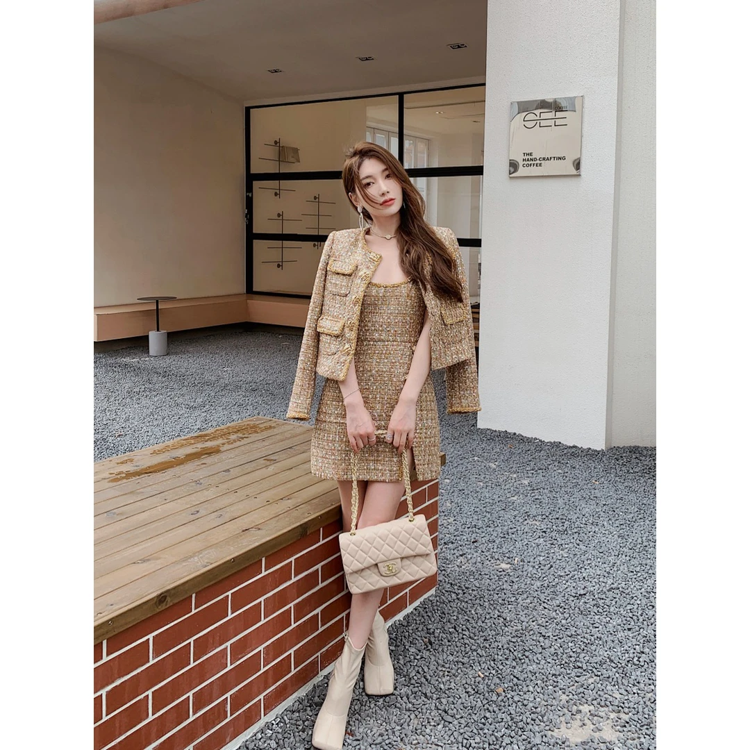 法式复古富家千金小香风名媛金色亮片粗花呢气质高级感外套连衣裙