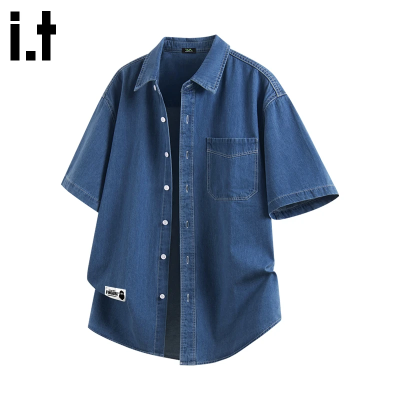 it FINGERCROXX日系牛仔衬衫男夏季薄款宽松外套纯棉短袖衬衣
