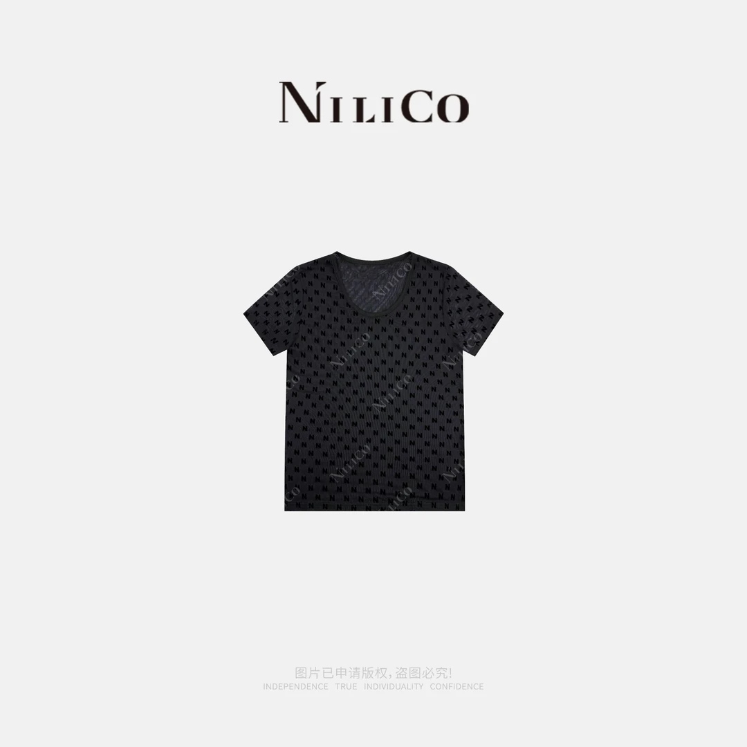 NILICO【月见】夏季植绒印花简约气质时尚显瘦百搭正肩网纱黑色T恤