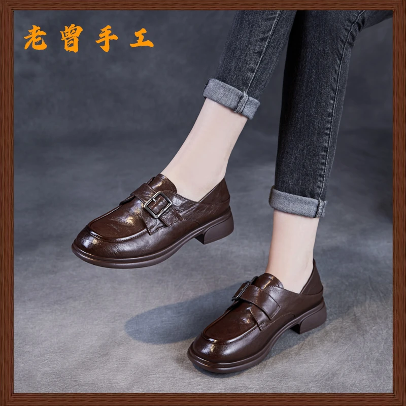 老曾手工上班族平底乐福鞋女2025春夏复古粗跟羊皮单鞋英伦小皮鞋