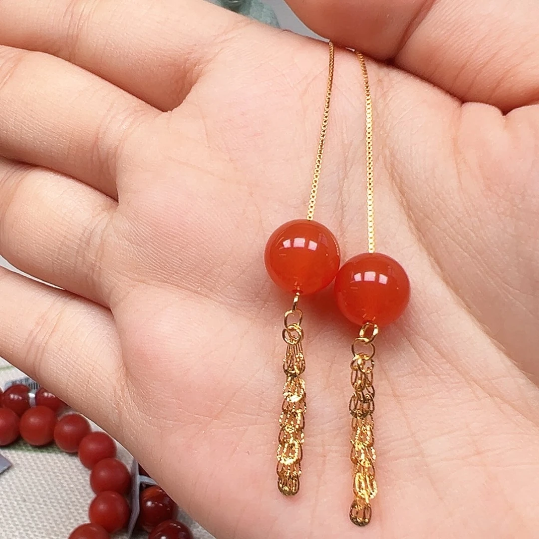 南红玛瑙银S925镶嵌耳饰保山杨柳乡耳坠卡10mm+