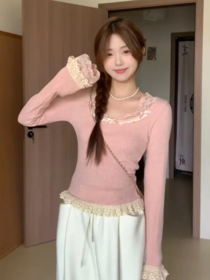 【现货】纯欲感甜美风蕾丝边V领长袖针织衫女春秋冬季内搭打底上衣