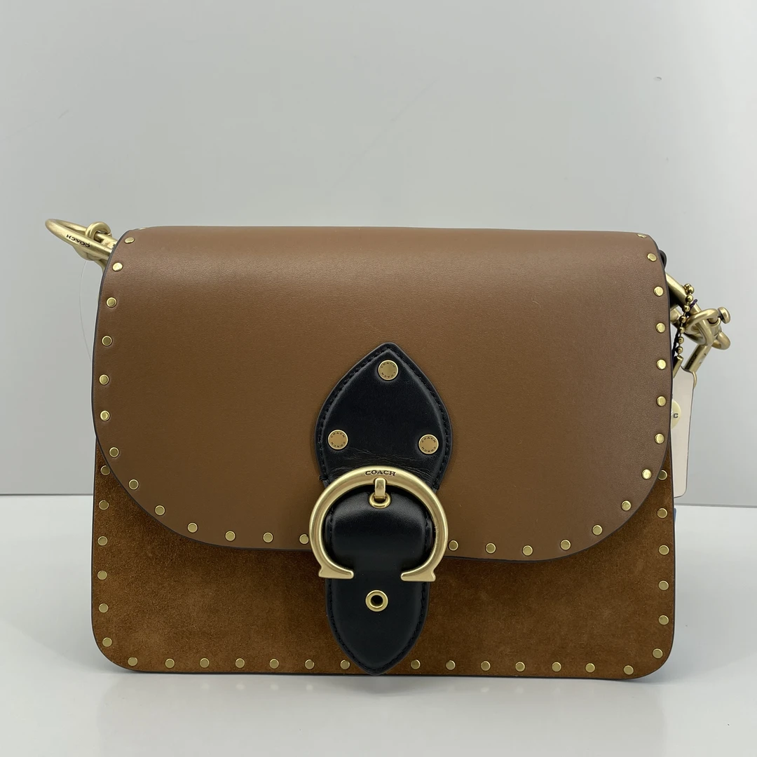 95新 COACH/蔻驰 beat24棕色铆钉单肩包24*19*9cmE052710