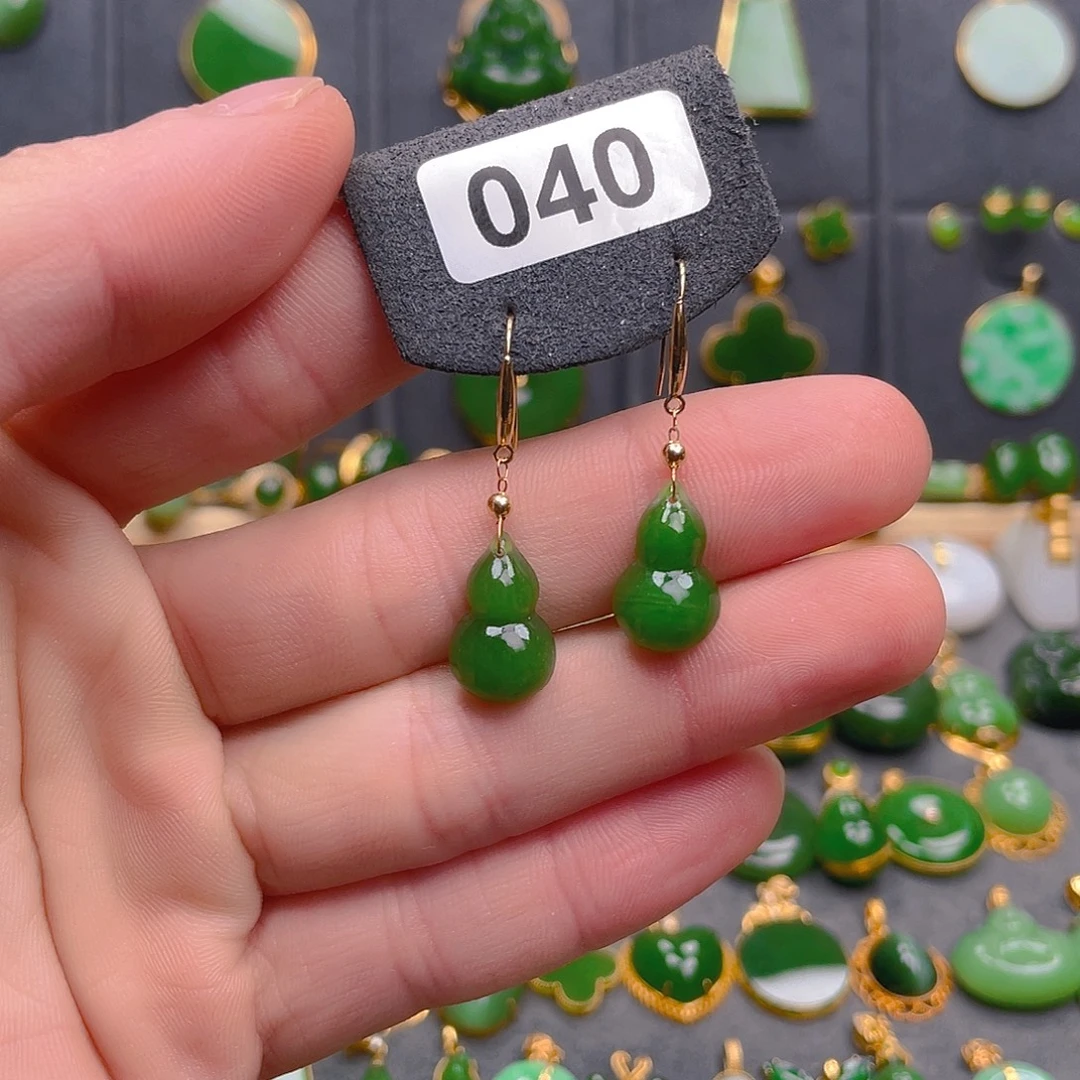 和田玉（碧玉）18K金镶嵌耳饰040