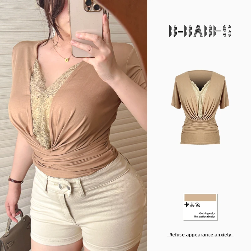 B-babes【焦溏玛奇朵】性感辣妹纯欲风蕾丝V领短袖T恤显瘦修身上衣