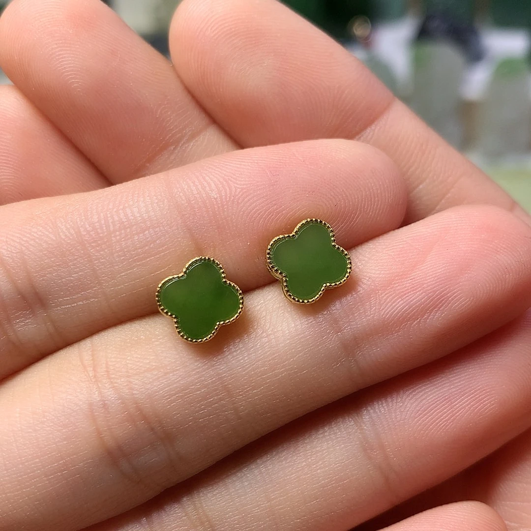 银S925镀金镶嵌和田玉（碧玉）耳饰与****士