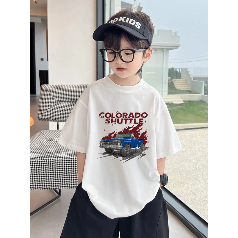 A类卡通风圆领男小汽车印花纯棉T恤中大童学院风儿童男童洋气夏季