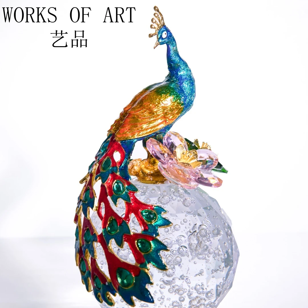 单只-轻奢新中式珐琅彩孔雀客厅办公室水晶珐琅彩摆件