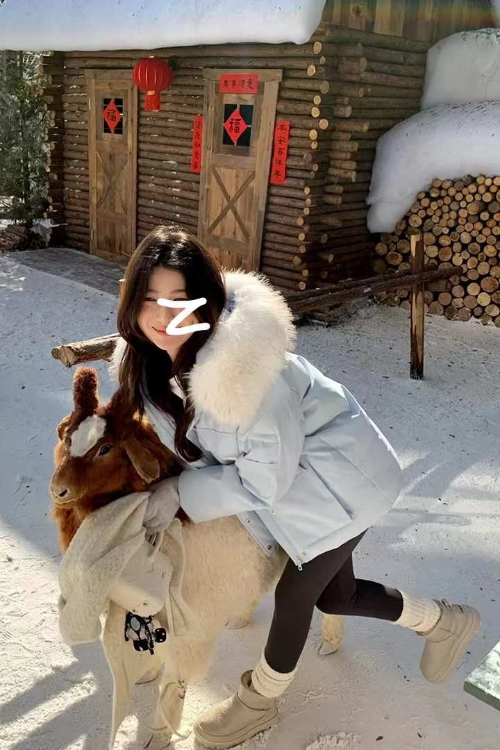 美式复古蓝色连帽大毛领棉服女冬季新款小众加厚保暖外套