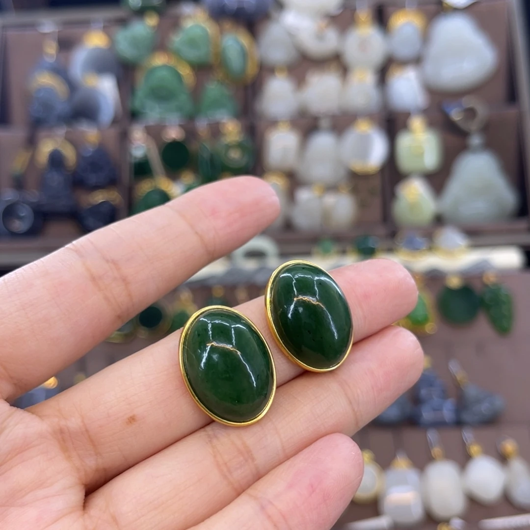 和田玉银S925镀金镶嵌耳钉