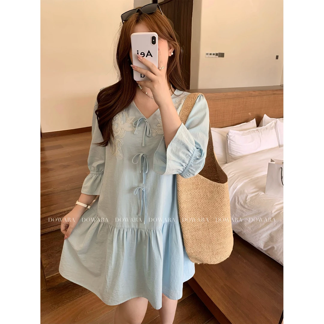 现货大婉酱微胖定制【天空之境】V领蕾丝拼接连衣裙女夏季裙子9163D