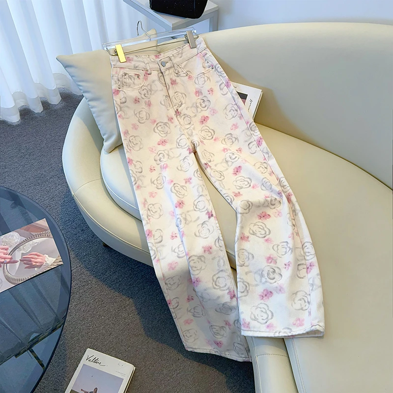 山茶花印花高腰牛仔裤女2025年春夏新款小香风百搭显瘦休闲直筒裤