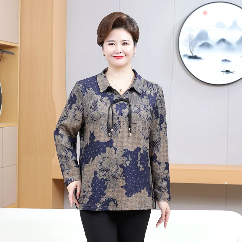 25年夏季新款长袖T恤女时尚洋气宽松大码妈妈装春秋打底衫翻领衫