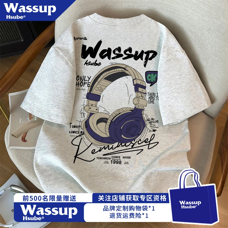 WASSUP HSUBE欧美式耳机字母印花纯棉短袖T恤男宽松百搭休闲上衣